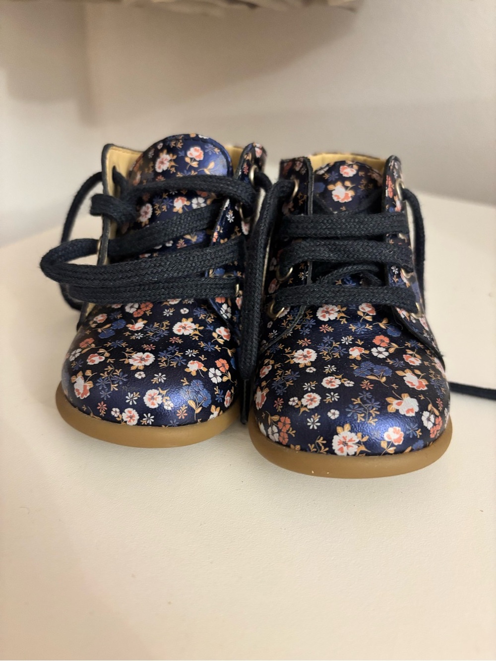 Pom D'Api Metallic Navy Floral Lace-Up Baby booties